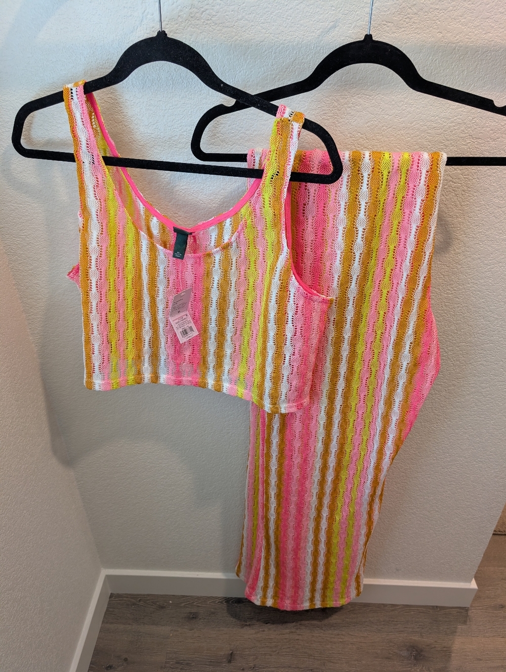 Neon Striped Crochet Crop Top & Wide Leg Flare Pant Set